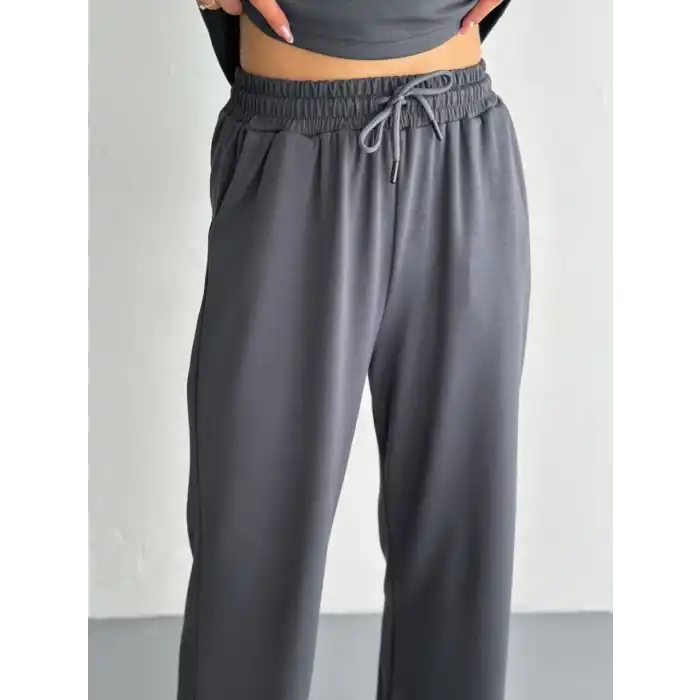 Osy Modal Yumuşak Dokulu Kumaş Kısa Kollu Yakalı T-shirt Pantalon ikili Takım- Antrasit