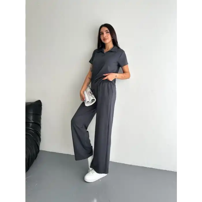 Osy Modal Yumuşak Dokulu Kumaş Kısa Kollu Yakalı T-shirt Pantalon ikili Takım- Antrasit