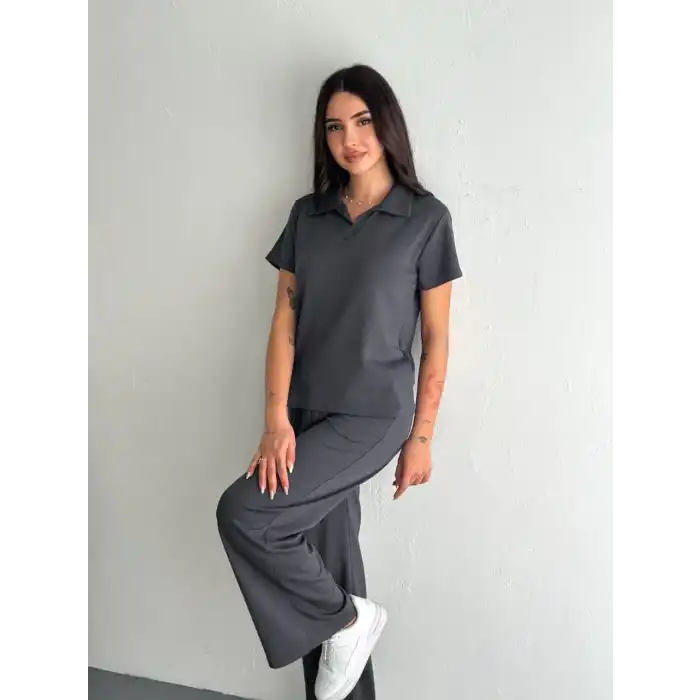 Osy Modal Yumuşak Dokulu Kumaş Kısa Kollu Yakalı T-shirt Pantalon ikili Takım- Antrasit
