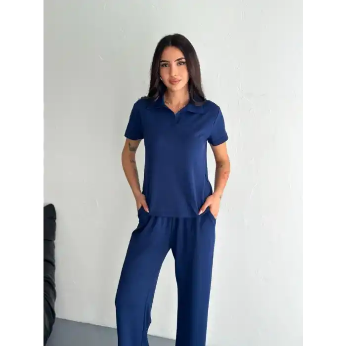 Osy Modal Yumuşak Dokulu Kumaş Kısa Kollu Yakalı T-shirt Pantalon ikili Takım- Lacivert