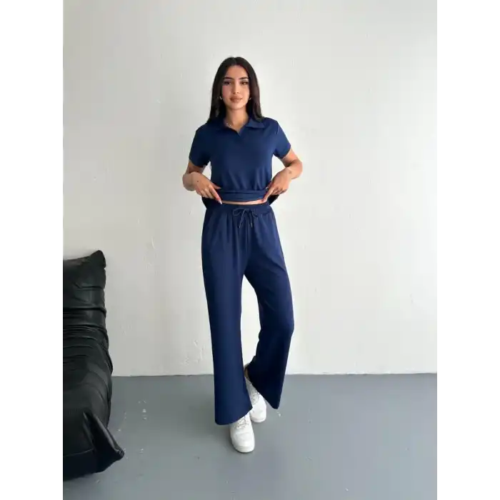 Osy Modal Yumuşak Dokulu Kumaş Kısa Kollu Yakalı T-shirt Pantalon ikili Takım- Lacivert