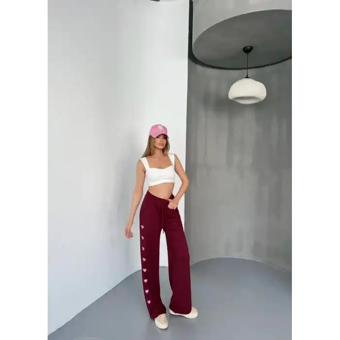 Osy Modal Yumuşak Dokulu Kumaş Nakış işlemeli Rahat Bol Paça Eşofman Pantalon - Bordo