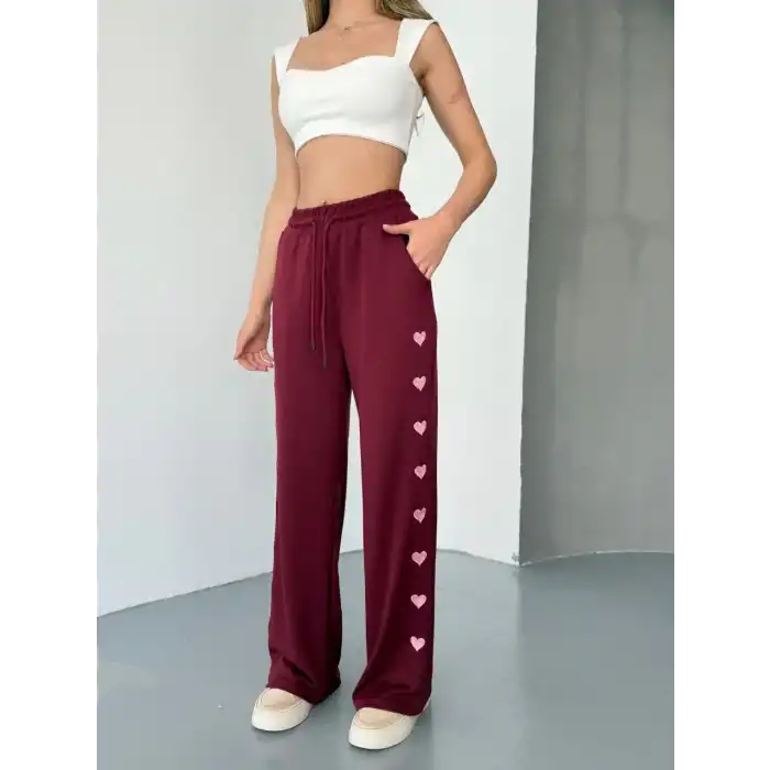 Osy Modal Yumuşak Dokulu Kumaş Nakış işlemeli Rahat Bol Paça Eşofman Pantalon - Bordo