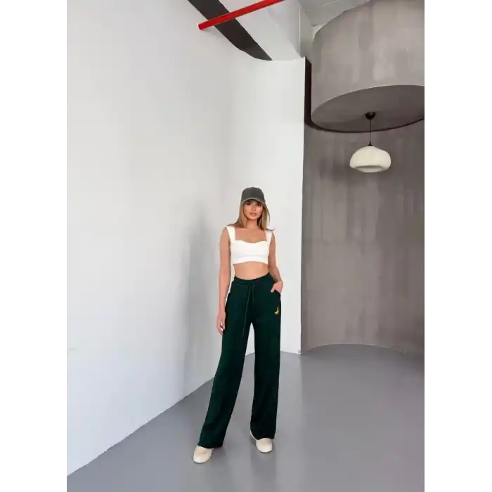Osy Modal Yumuşak Dokulu Kumaş Nakış işlemeli Rahat Bol Paça Eşofman Pantalon - Yeşil