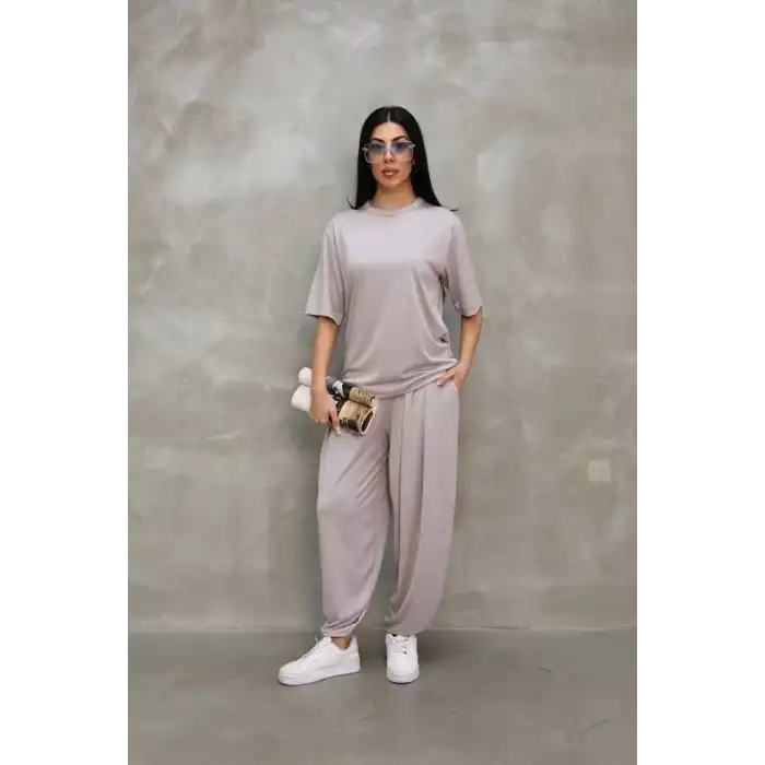 Osy Modal Yumuşak Dokulu Kumaş Oversize Bisiklet Yaka T-shirt Jogger Eşofman Altı Eşofman Takımı - Gri