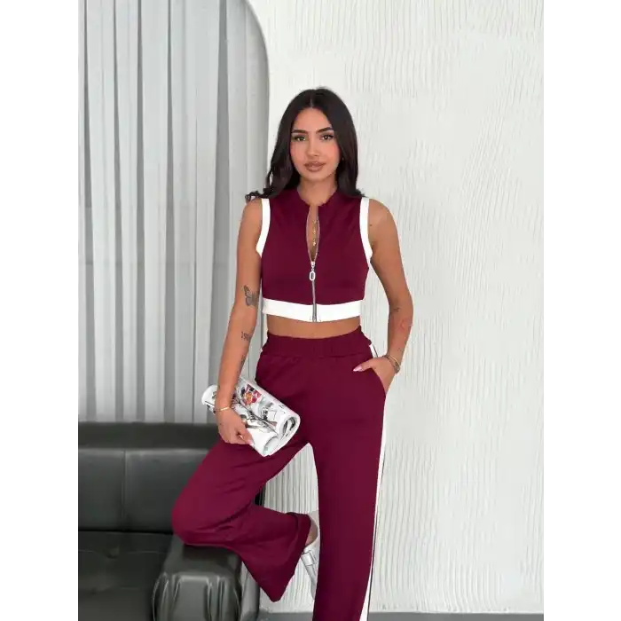 Osy Modal Yumuşak Dokulu Kumaş Tam Fermuarlı Crop Pantalon İkili Takım - Bordo
