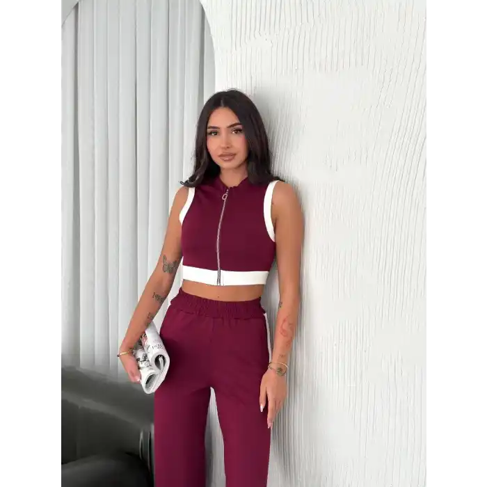 Osy Modal Yumuşak Dokulu Kumaş Tam Fermuarlı Crop Pantalon İkili Takım - Bordo