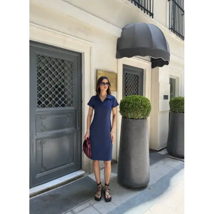 Osy Modal Yumuşak Dokulu Kumaş Yakalı Kısa Kollu Elbise - Mavi