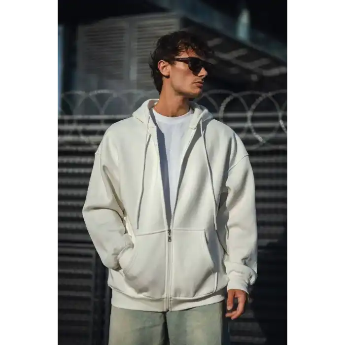 Oversize Tam Fermuarlı Uzun Kol Hırka - Beyaz