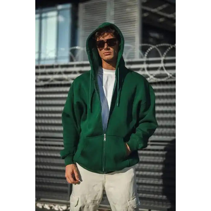 Oversize Tam Fermuarlı Uzun Kol Hırka - Haki