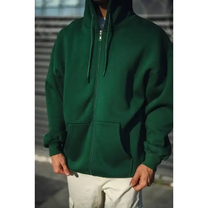 Oversize Tam Fermuarlı Uzun Kol Hırka - Haki