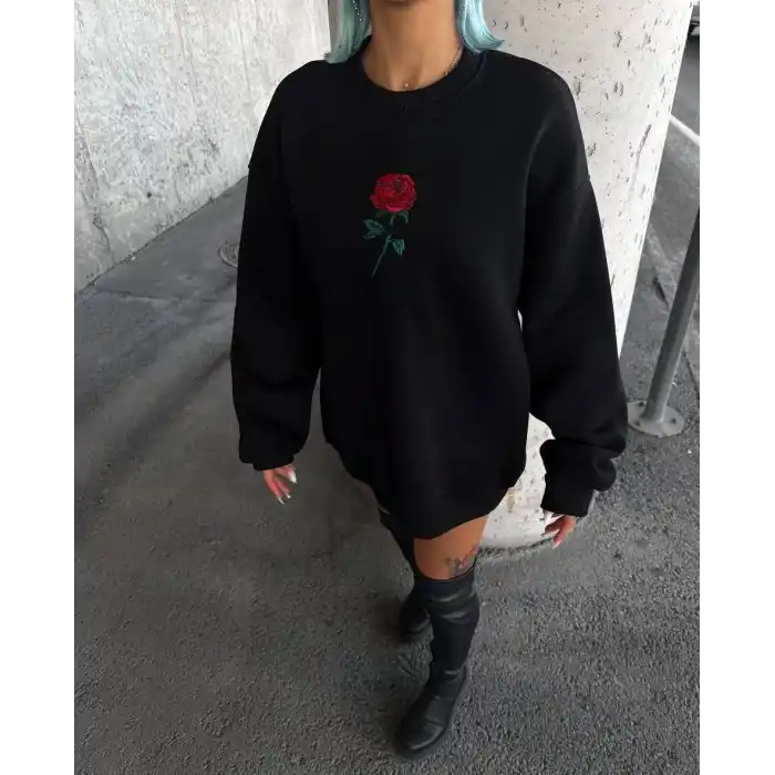 Oversize Üç İplik Bisiklet Yaka Baskılı SweatShirt - Siyah