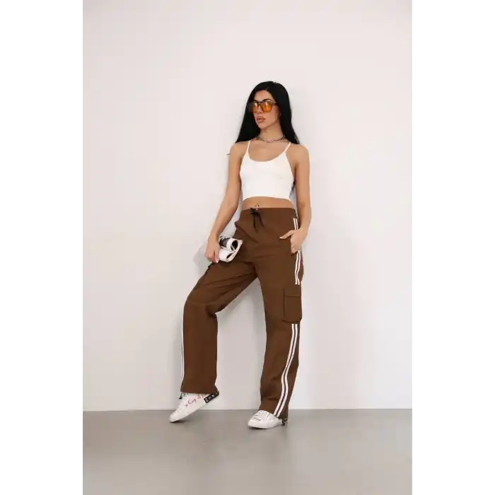 Praşut Kumaş Kargo Çeplı Baggy Esofman - Kahve