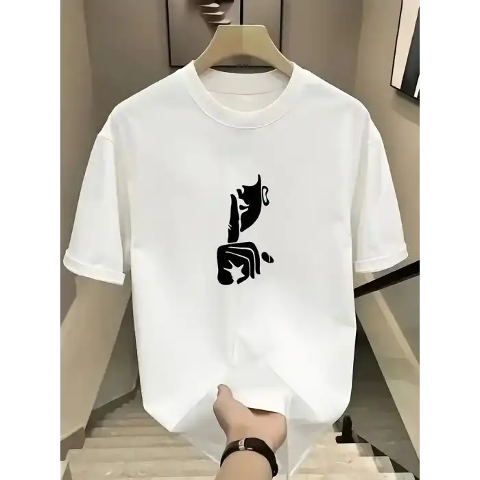 Rahat Bisiklet Yaka Tişört, Yaratıcı Karikatür Baskı - Yumuşak Polyester, Her Mevsim Giyilebilir- Beyaz