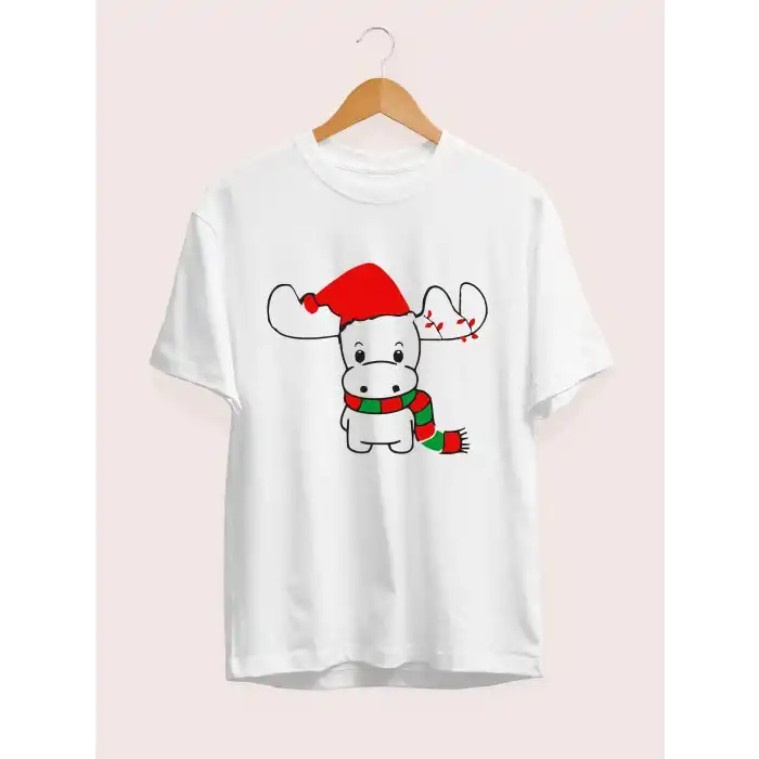 Ren Geyiği baskılı Noel İçin T-shirt - Beyaz