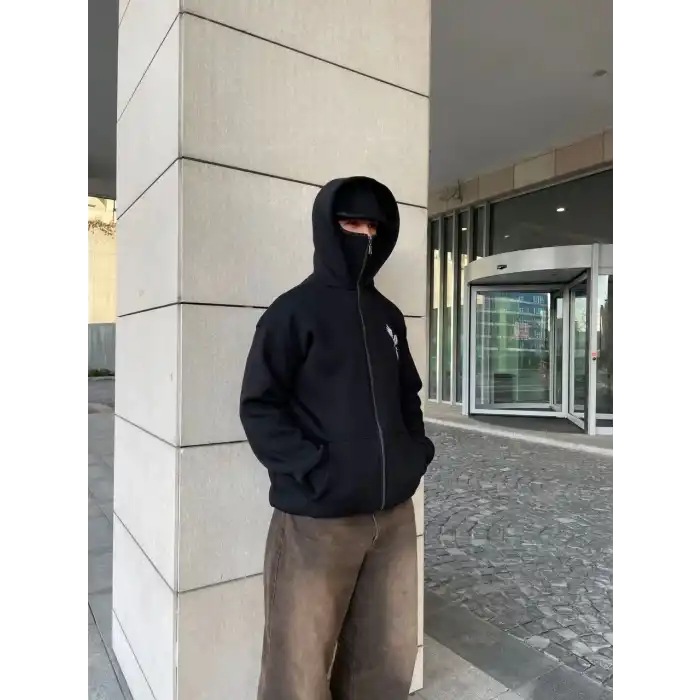Samuray kapüşonlu ZIP Fermuarlı kapüşonlu SweatShirt - Siyah