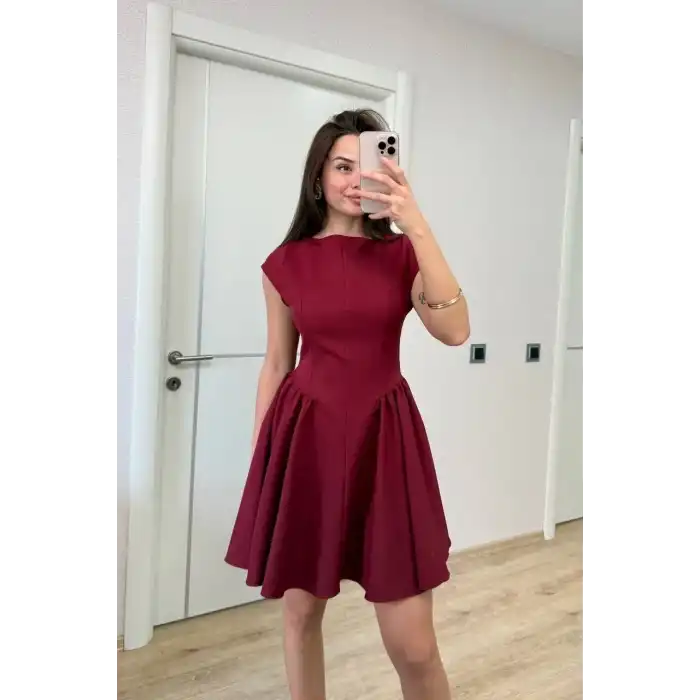 Sırt dekolteli Çan Detaylı Mini Elbise - Bordo