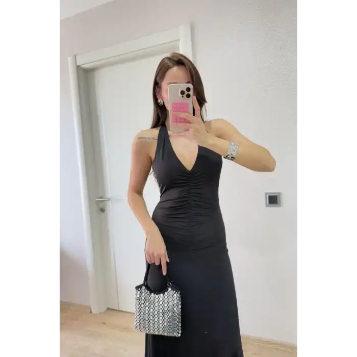 Sırt dekolteli Uzun Elbise - Siyah