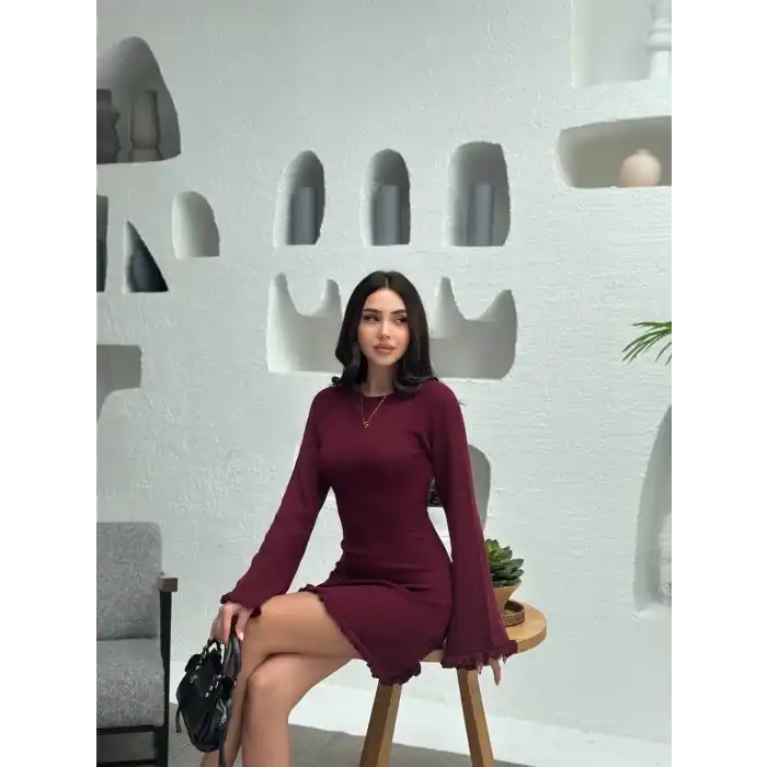 Sırt Pencereli Mini Triko Elbise - Bordo