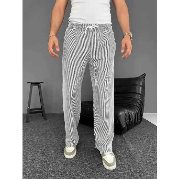 Su Yolu Çizgili Cepli Pantalon Yazlık - Gri