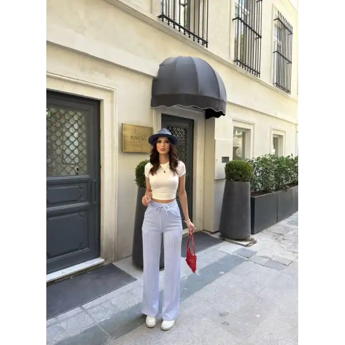 Su Yolu Çizgili kolay Kombinle Ne Bilir Cepli Pantolon - Açık Mavi