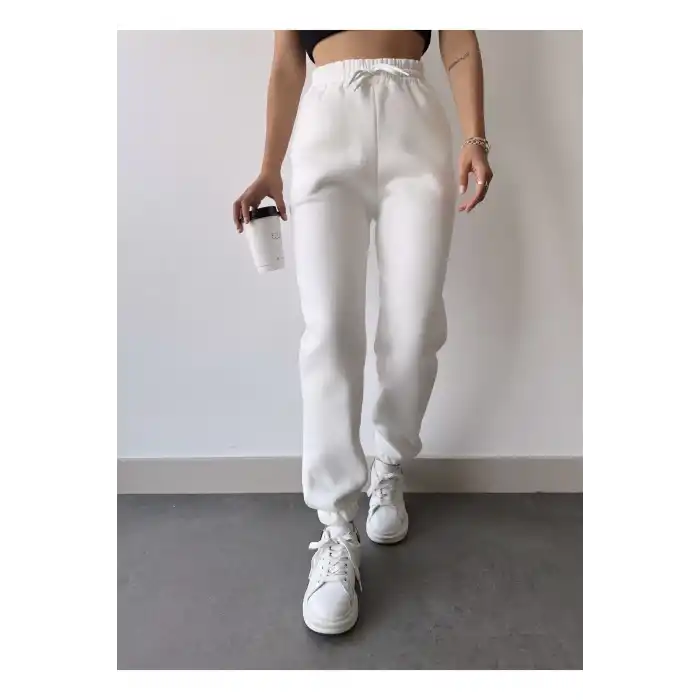 Üç İplik Basic Lastikli Eşofman Pantolon - Beyaz