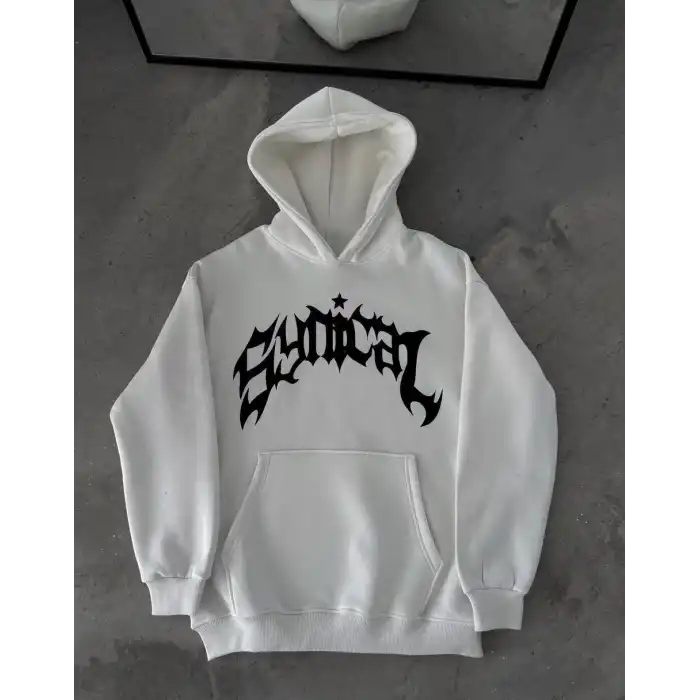 Üç İplik Kapüşonlu Baskılı Oversize SweatShirt- Beyaz