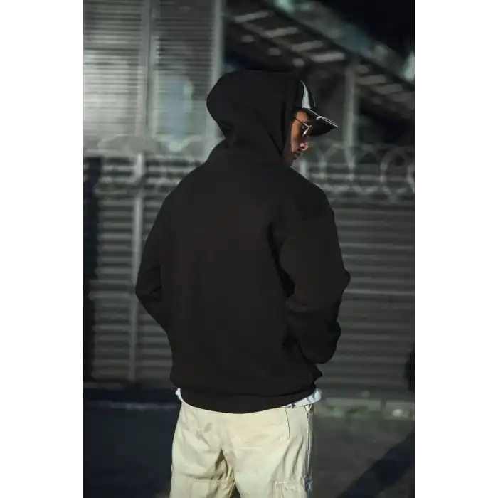 Üç İplik Penye Kapşonlu Basic SweatShirt - Siyah