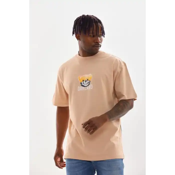Unisex Baskılı Oversize T-Shirt - Bej