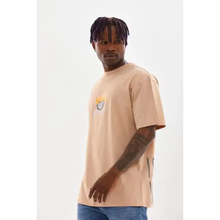Unisex Baskılı Oversize T-Shirt - Bej