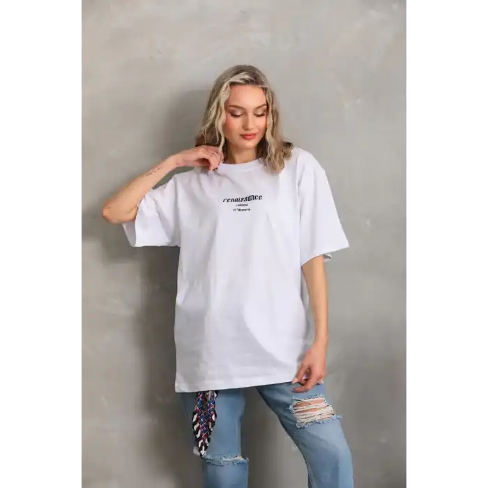 Unisex Baskılı Oversize T-Shirt - Beyaz