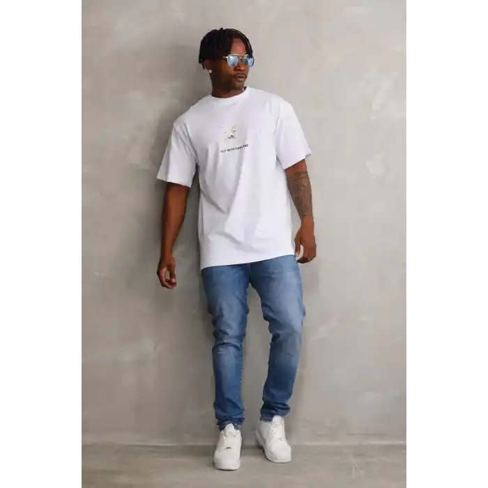 Unisex Baskılı Oversize T-Shirt - Beyaz