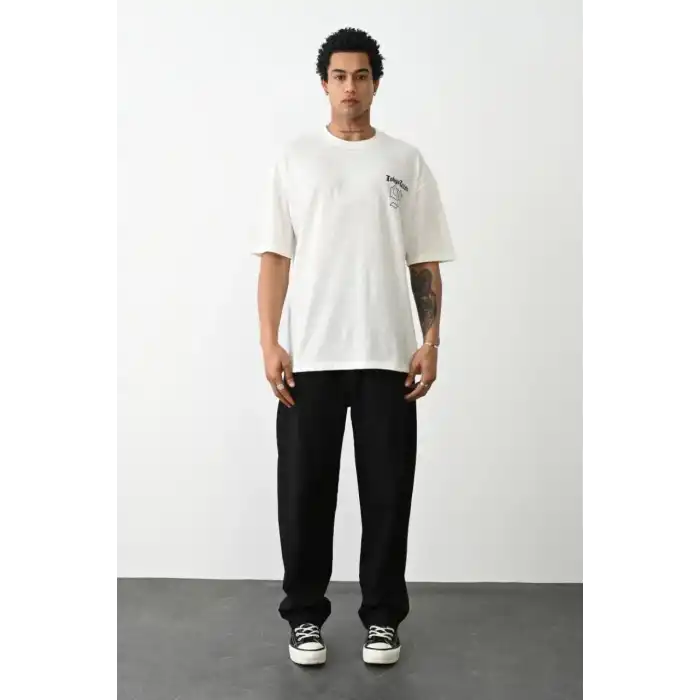 Unisex Baskılı Oversize T-Shirt - Beyaz