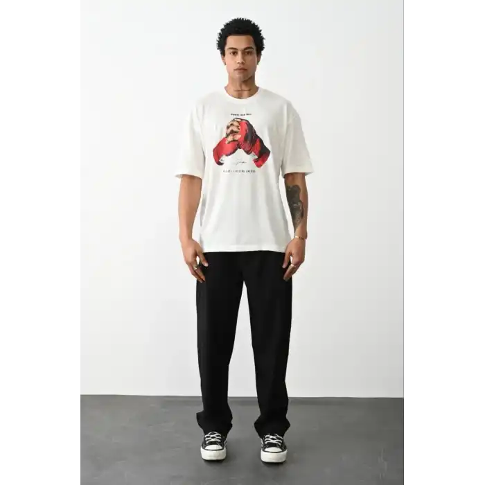 Unisex Baskılı Oversize T-Shirt - Beyaz