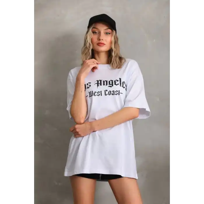 Unisex Baskılı Oversize T-Shirt - Beyaz