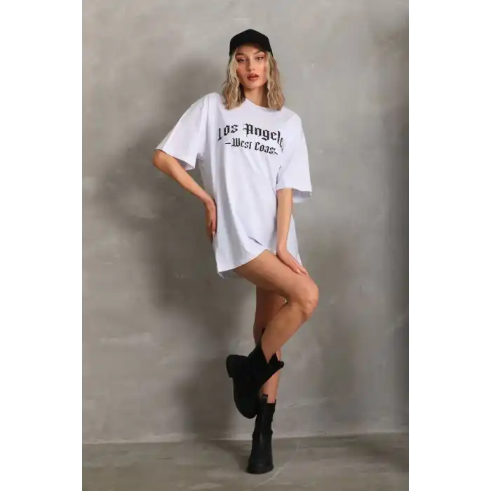 Unisex Baskılı Oversize T-Shirt - Beyaz