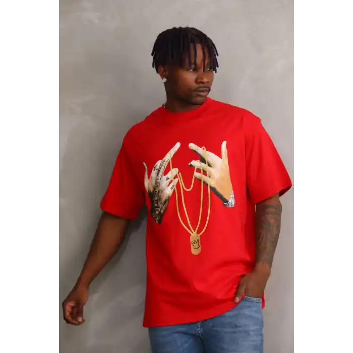 Unisex Baskılı Oversize T-Shirt - Kırmızı