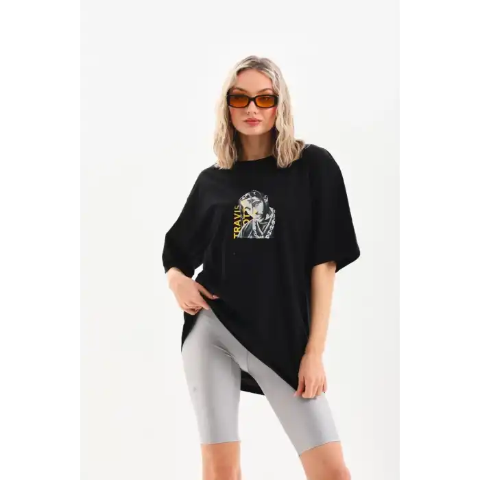 Unisex Baskılı Oversize T-Shirt - Siyah