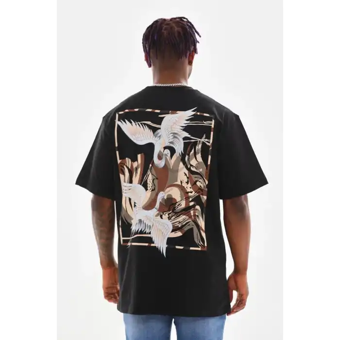Unisex Baskılı Oversize T-Shirt - Siyah