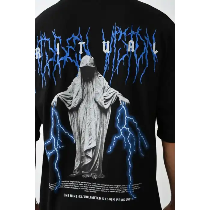 Unisex Baskılı Oversize T-Shirt - Siyah