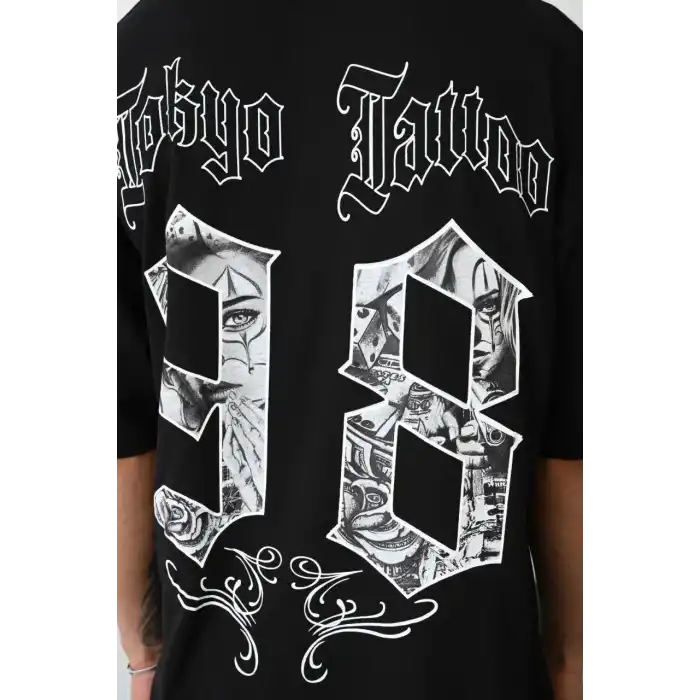 Unisex Baskılı Oversize T-Shirt - Siyah