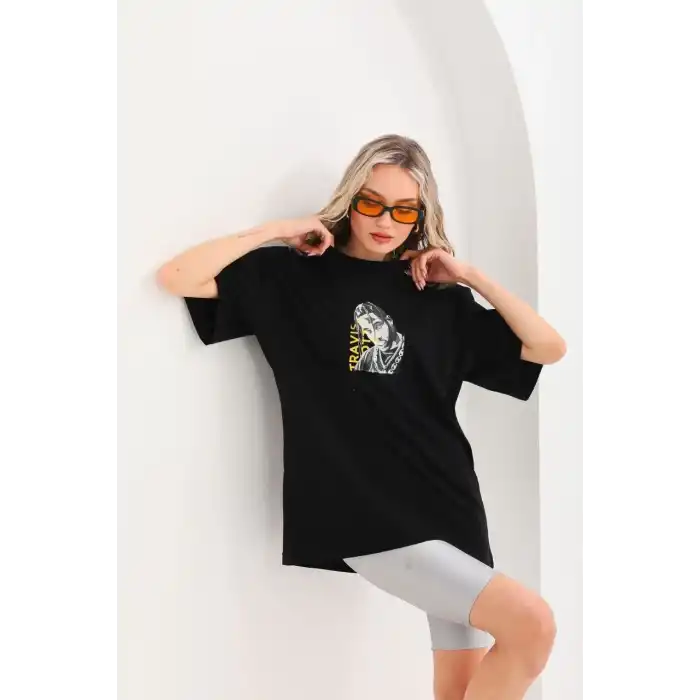 Unisex Baskılı Oversize T-Shirt - Siyah
