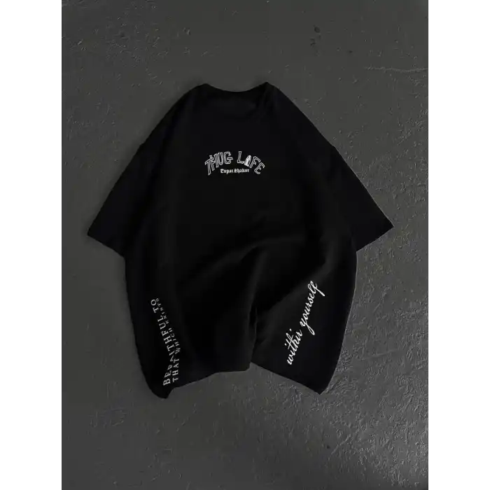 Unisex Baskılı Oversize T-Shirt - Siyah