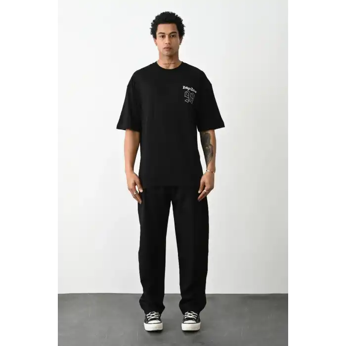 Unisex Baskılı Oversize T-Shirt - Siyah