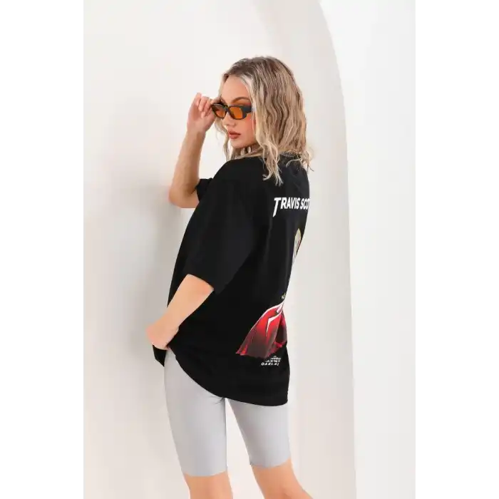Unisex Baskılı Oversize T-Shirt - Siyah