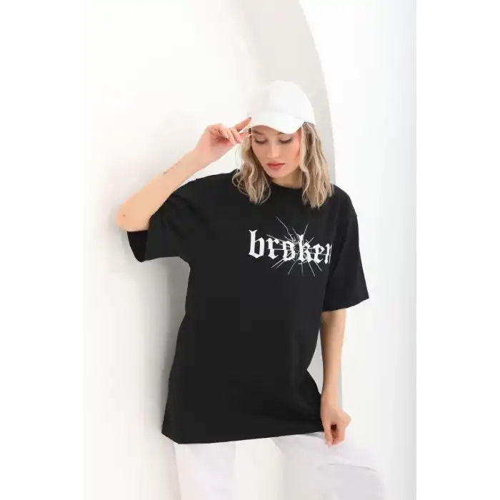 Unisex Baskılı Oversize T-Shirt - Siyah