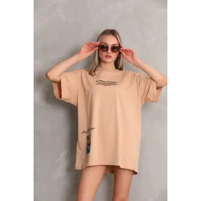 Unisex Bisiklet Yaka Baskılı Oversize T-Shirt - Bej