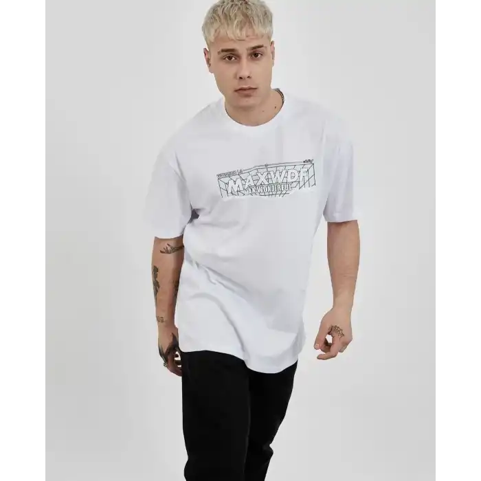 Unisex Bisiklet Yaka Baskılı Oversize T-Shirt - Beyaz