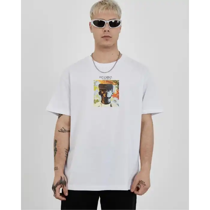 Unisex Bisiklet Yaka Baskılı Oversize T-Shirt - Beyaz