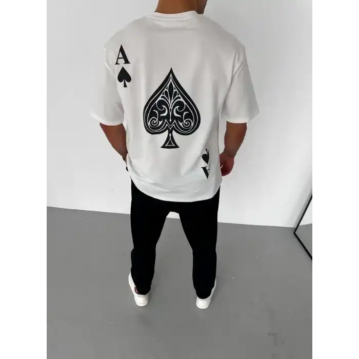 Unisex Bisiklet Yaka Baskılı Oversize T-Shirt - Beyaz